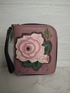 Chala Pink Rose Floral Appliqué Zip Around Wallet Wristlet NWOT